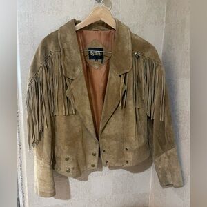 Learsi Tan Suede Leather Fringe Jacket, Waist Button, Size S